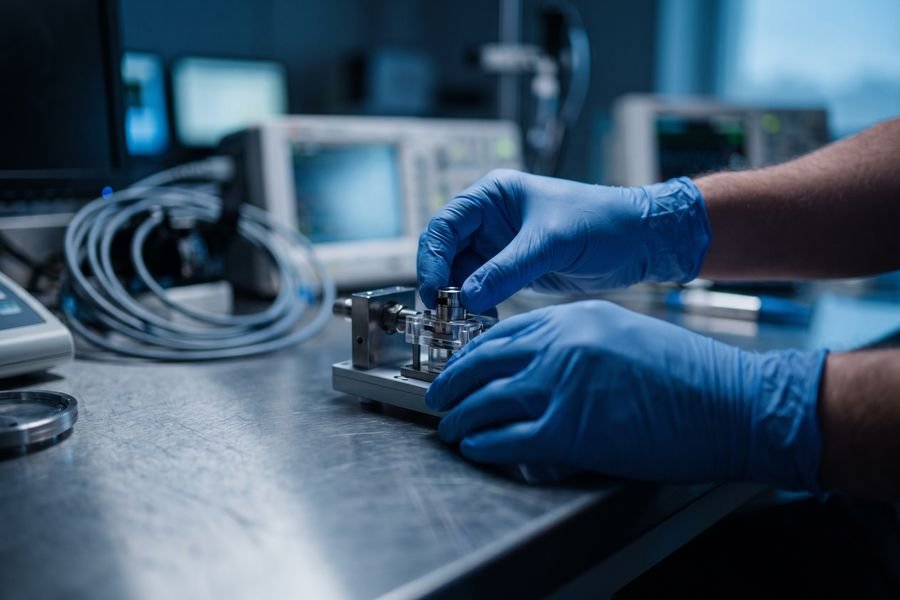 A medical device prototype on a lab bench