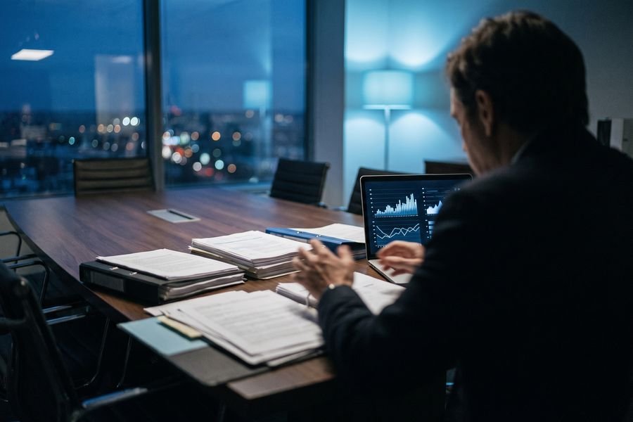 Raise preparation documents and charts on a boardroom table